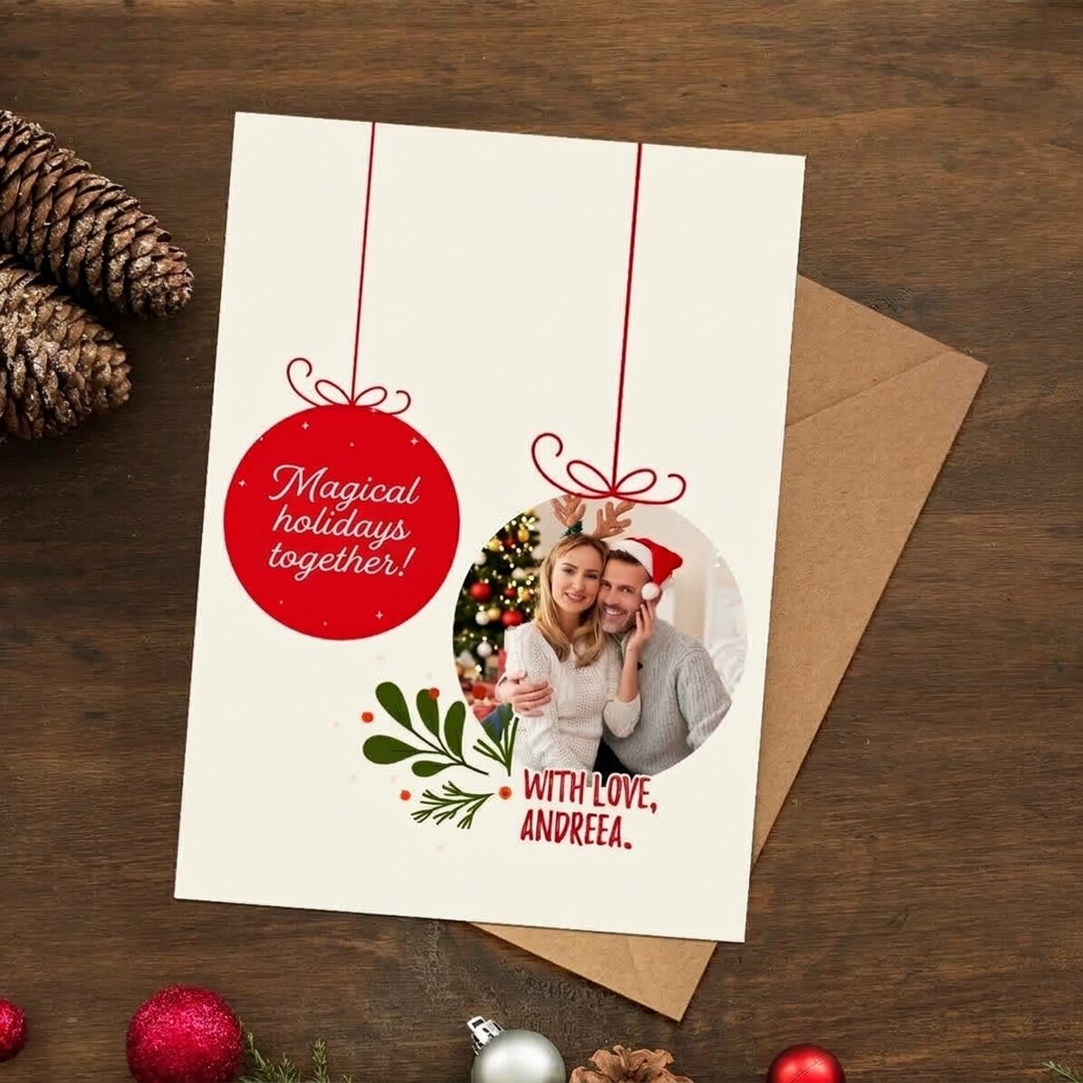 Personalizované magnetické přání s fotografií ve tvaru vánoční koule pro pár