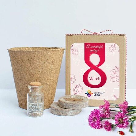 Spring flower planting kit in a customised box with logo and message - 8 March