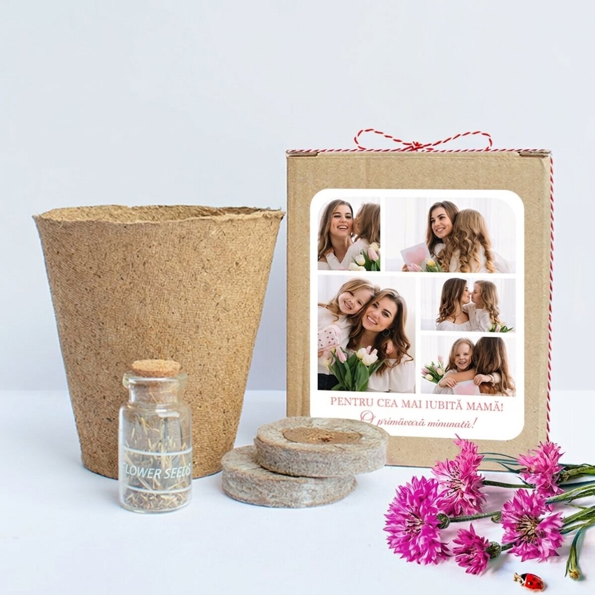 Sada na výsadbu jarních květin v personalizované krabičce s koláží fotografií a vzkazem
