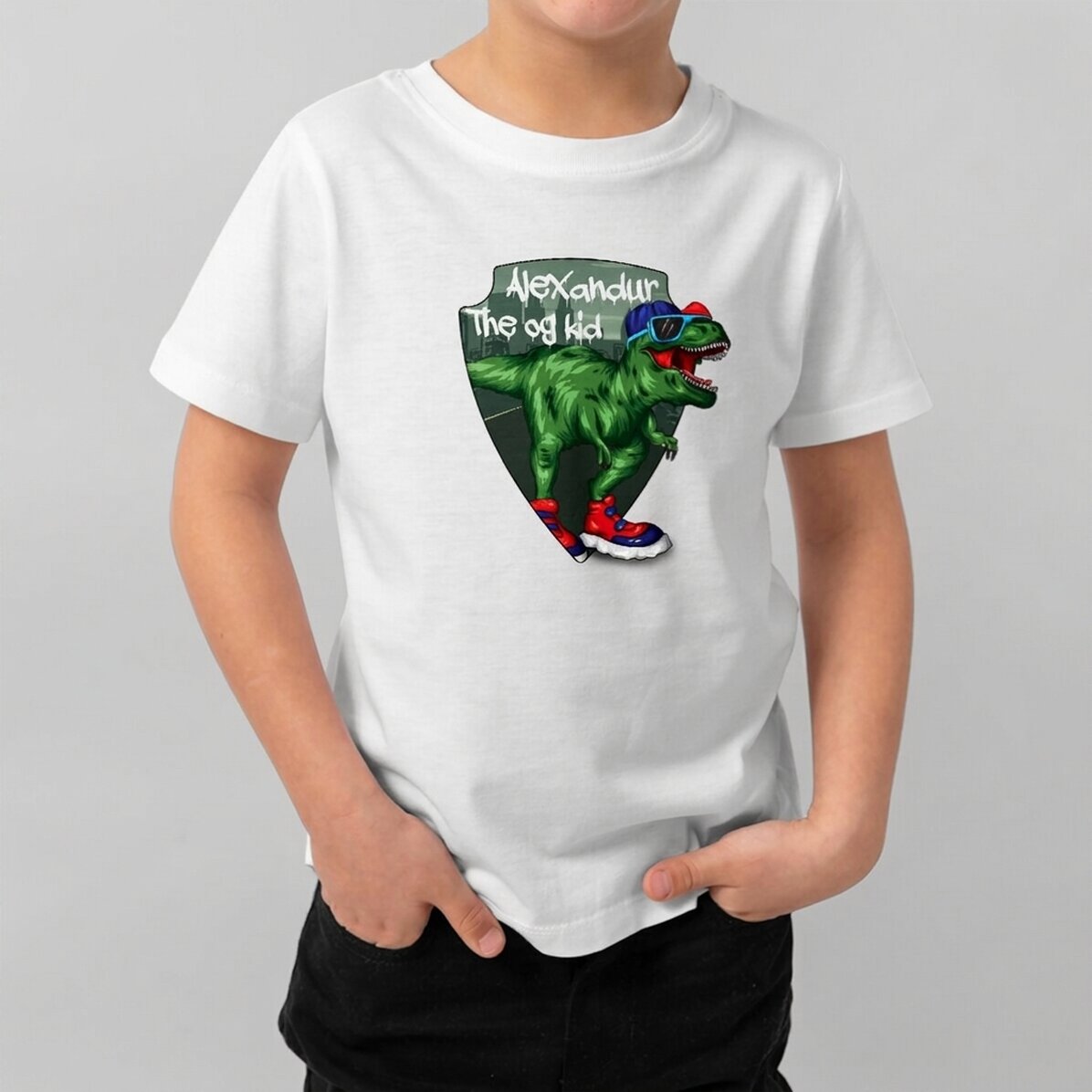 Dětské bavlněné tričko s vlastním nápisem – Cool dinosaurus