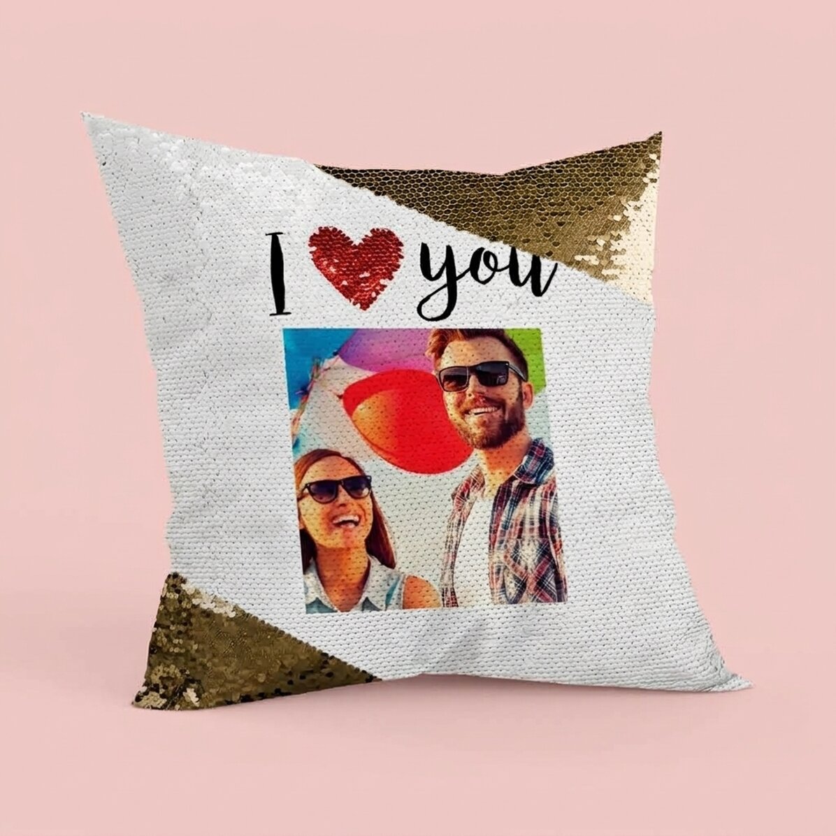Personalizovaný polštář s fotografií – I love you – zlaté flitry