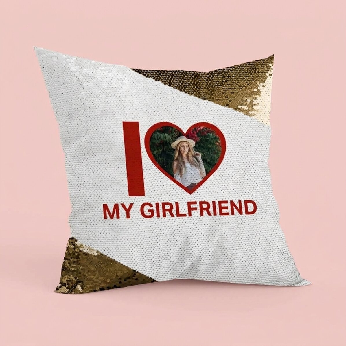 Personalizovaný polštář s fotografií a textem – I love my girlfriend – zlaté flitry