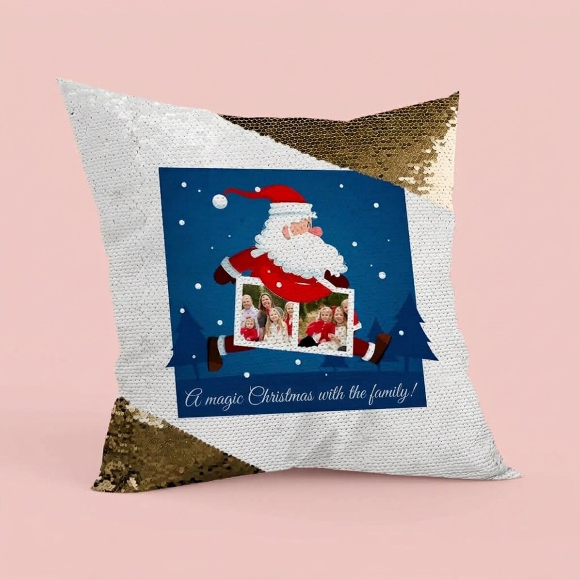Personalizovaný polštář se dvěma fotografiemi a textem – Santa Claus – zlaté flitry