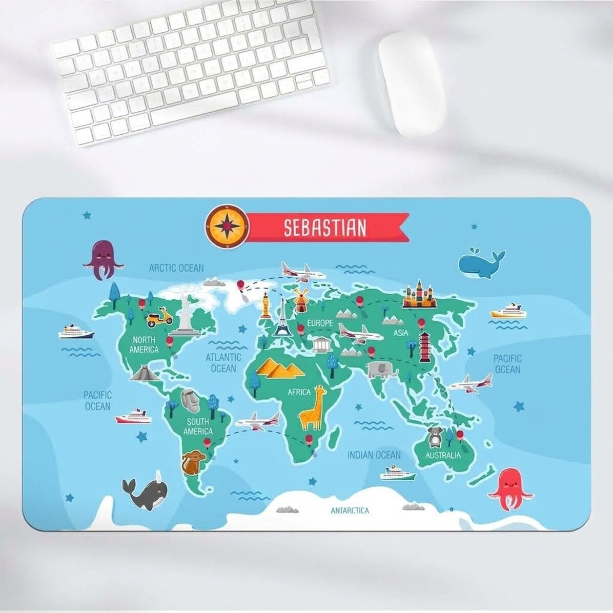 Podložka pod myš XXL s vlastním jménem pro děti – Mapa světa