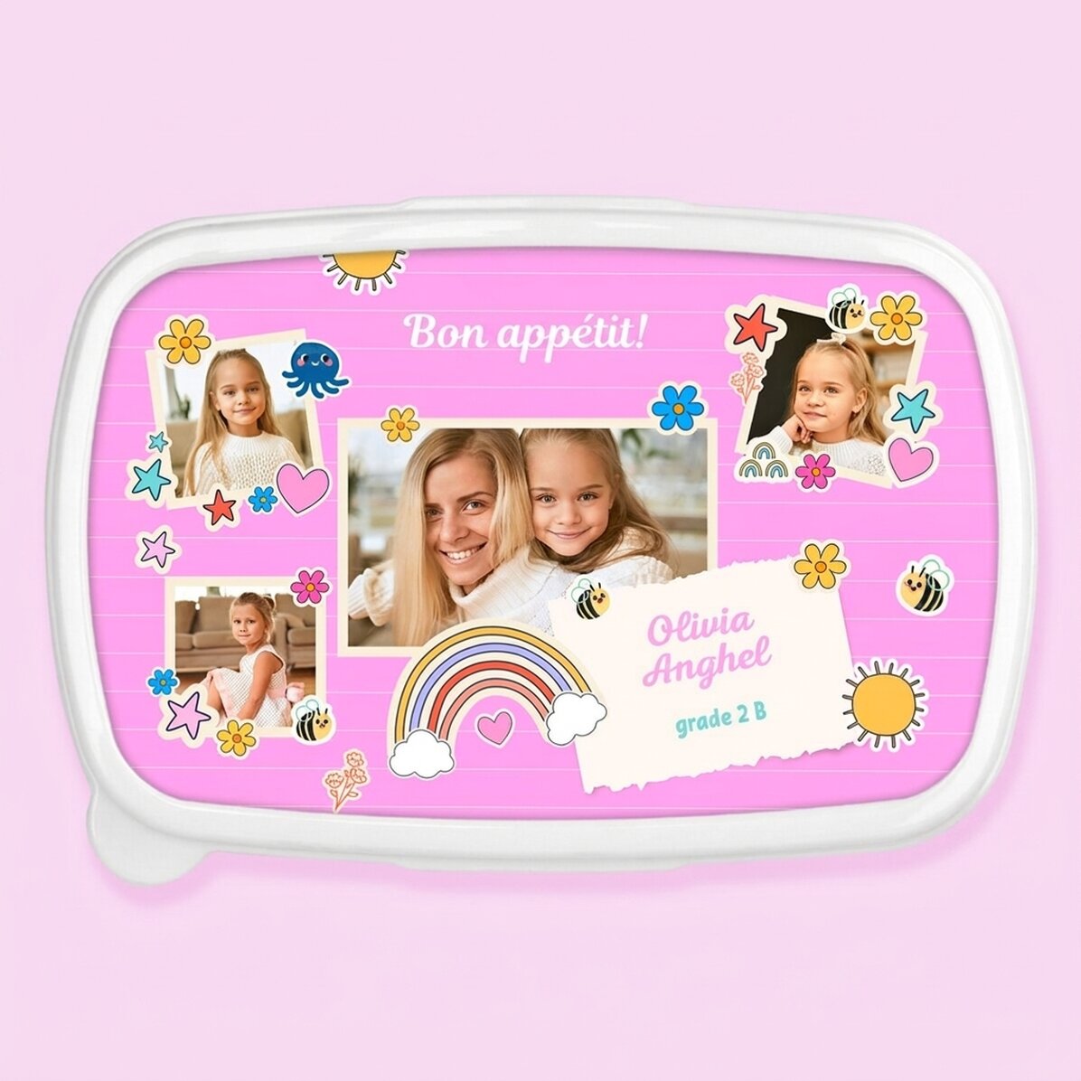 Lunch box, osobní krabička na jídlo s koláží fotografií a textem