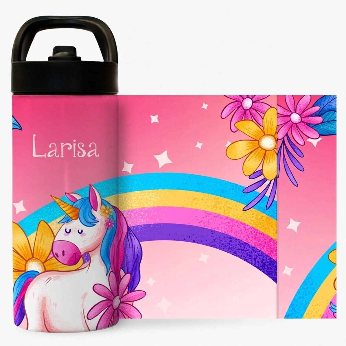 Termoska s rukojetí a brčkem s vlastním jménem pro děti – Jednorožec