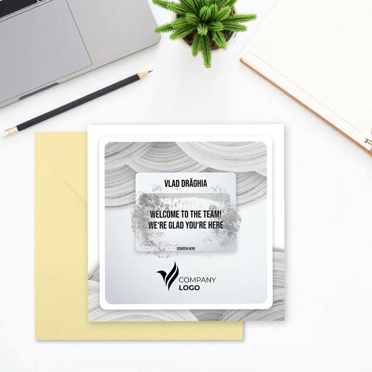 Personalizovaná stírací karta s logem a textem – White Welcome