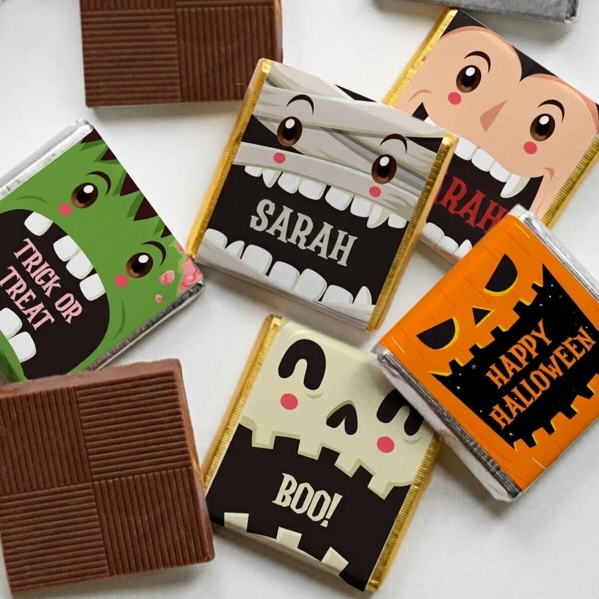 Sada 5 mini čokoládek s osobním vzkazem – halloweenské postavičky