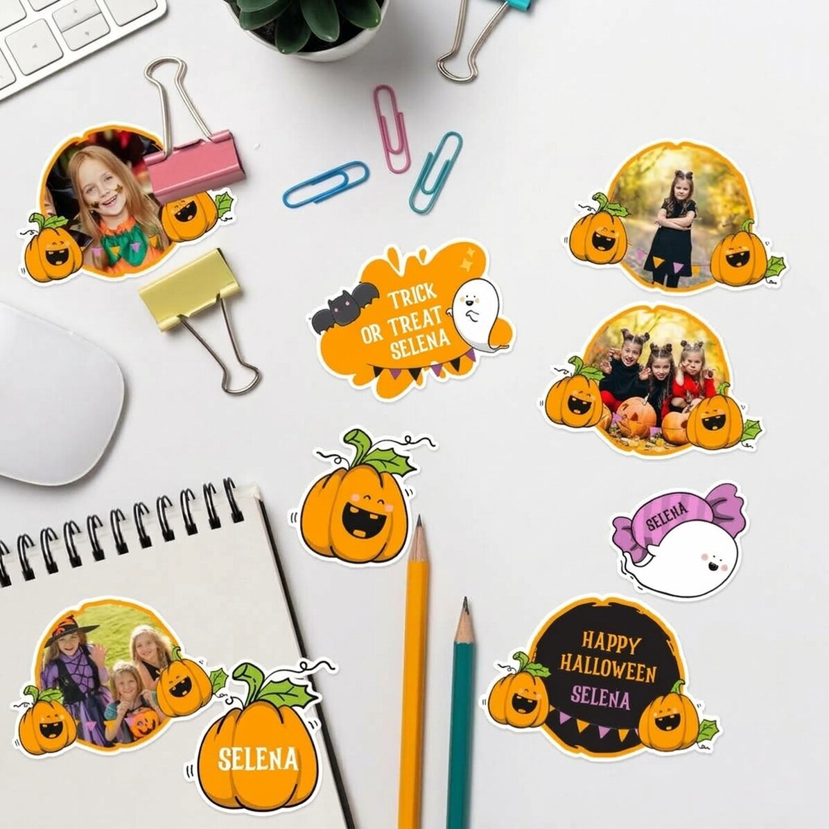 Sada samolepek (samolepicích štítků) s vlastními fotografiemi a textem – Halloweenové dýně