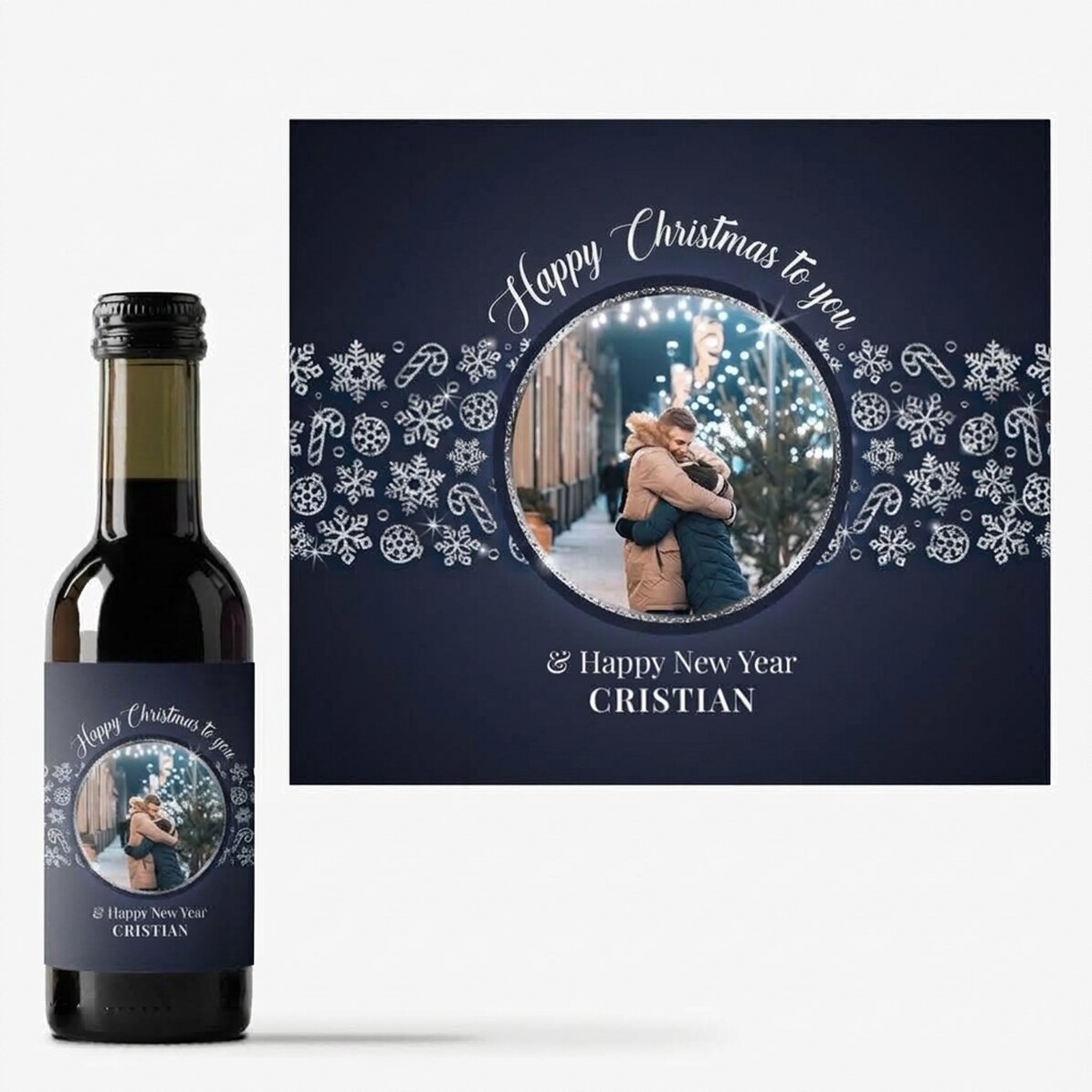 Mini lahvička vína s vlastní fotografií a textem – Shiny Snowflakes