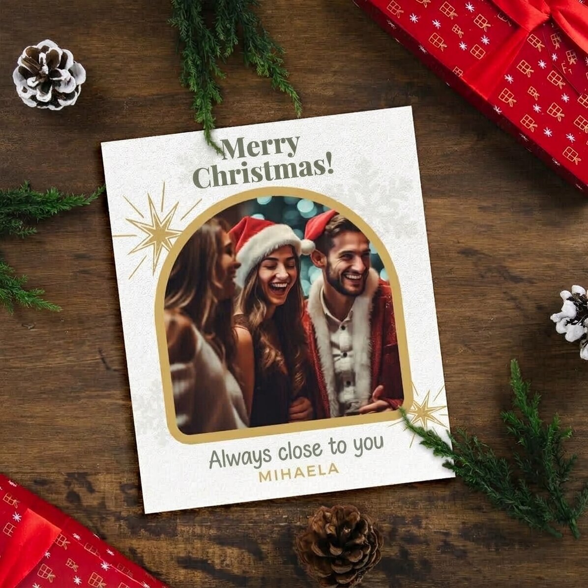 Personalizovaná fotografie o rozměrech 10 × 12 cm s textem a fotografií – Snowflakes & Stars