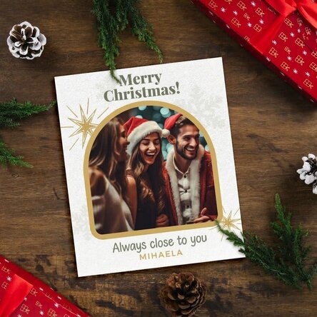 Personalizovaná fotografie o rozměrech 10 × 12 cm s textem a fotografií – Snowflakes & Stars