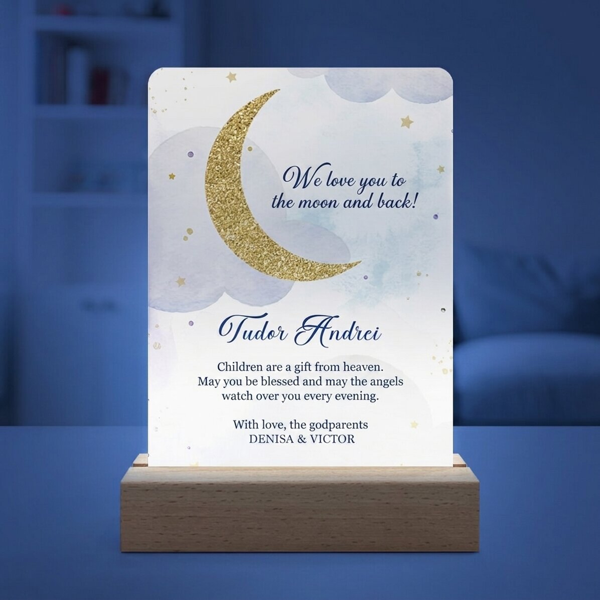 Personalizovaná LED noční lampička s nápisem – To the moon and back