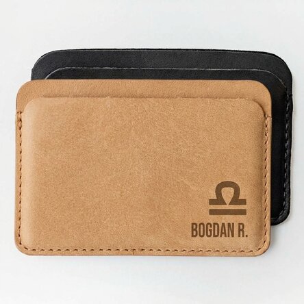 Personalised leather wallet with name and Libra zodiac sign