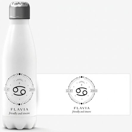 Thermos with white base personalised with text and Cancer zodiac sign