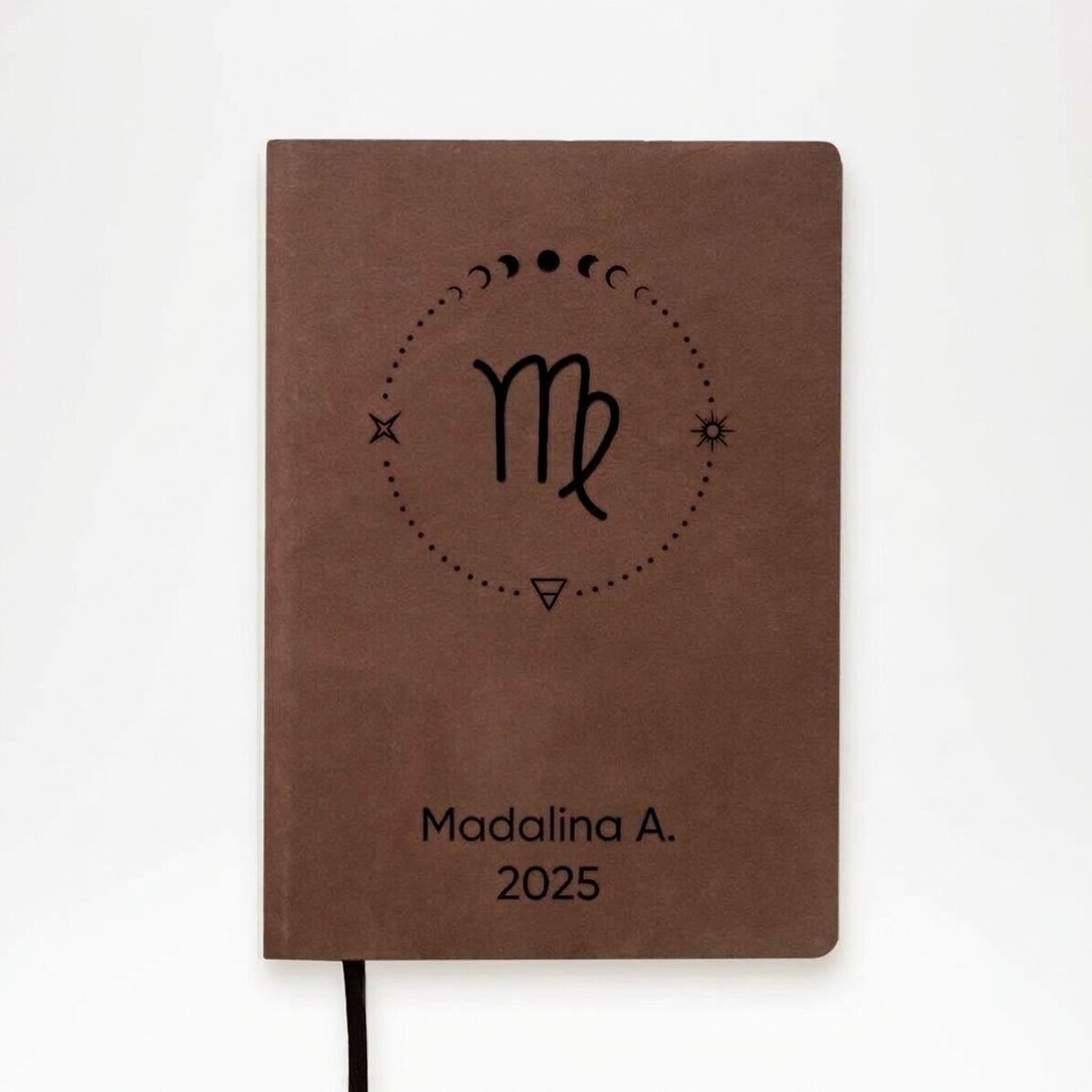 Personalised leather diary with text and Virgo zodiac sign
