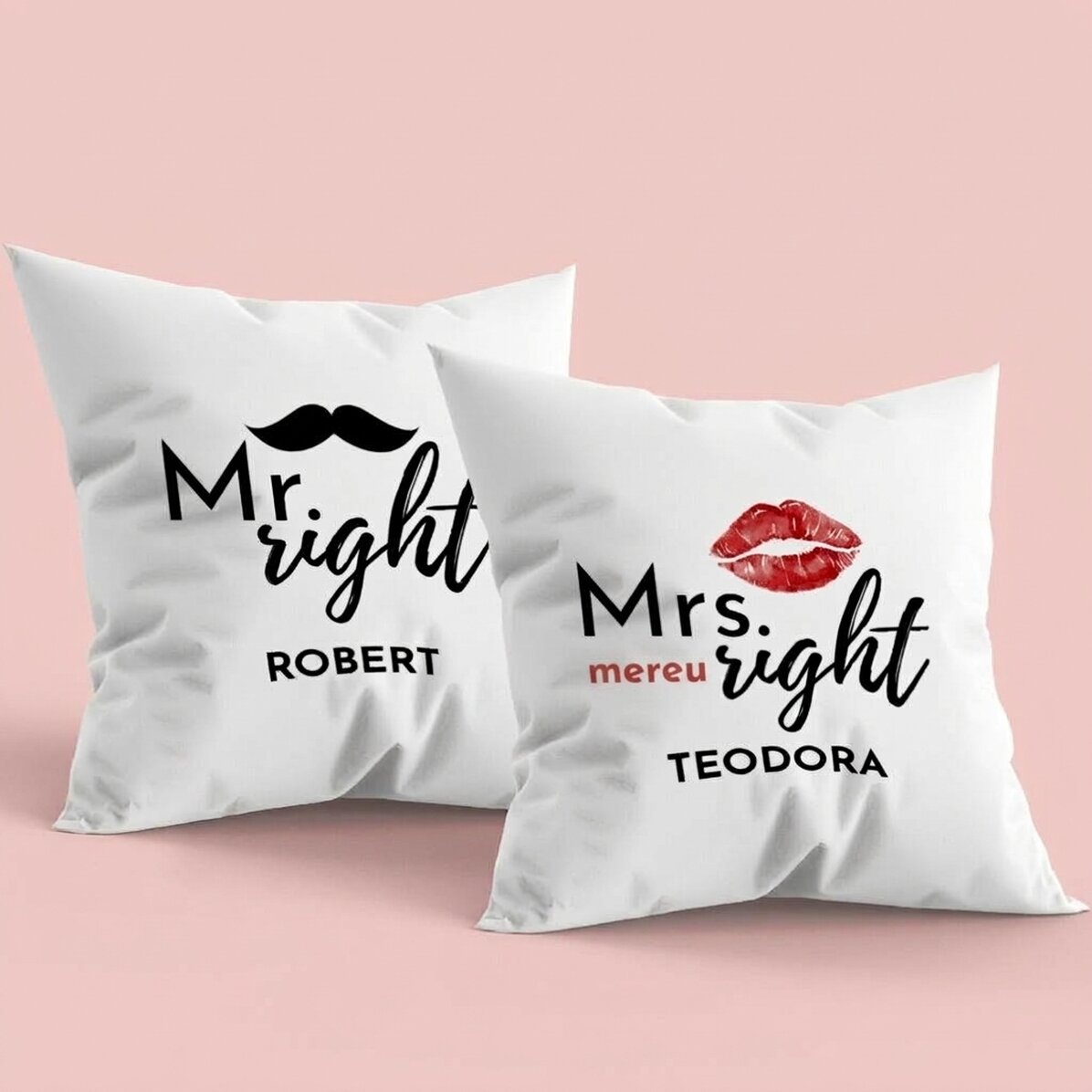Sada 2 polštářů s vlastním textem – Mr & Mrs Right