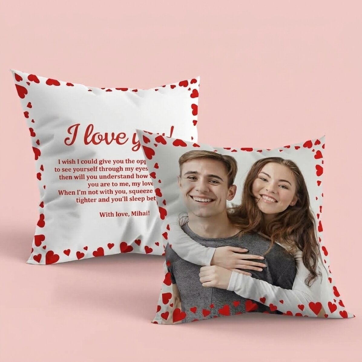 Personalizovaný polštář s fotografií a vzkazem na obou stranách – Love
