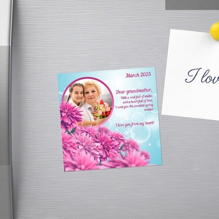 Magnet 10x10 s vlastní fotografií a textem – Růžové jaro