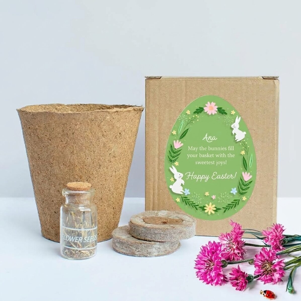 Sada na sázení květin v krabičce s osobním vzkazem k Velikonocům – Floral