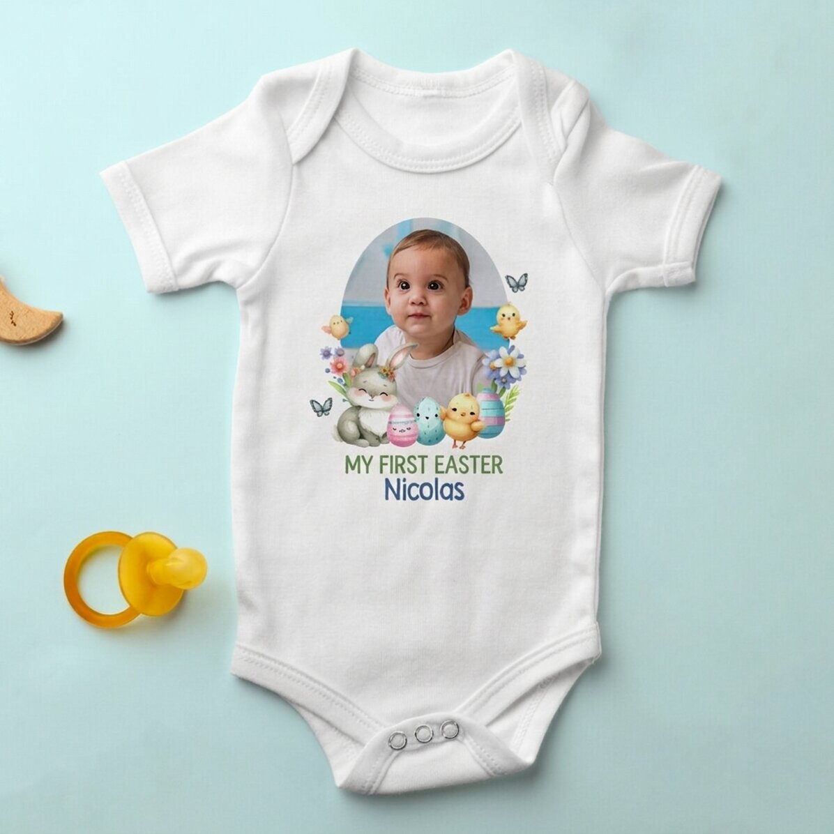 Dětské body s vlastní fotografií a vzkazem – Moje první Velikonoce