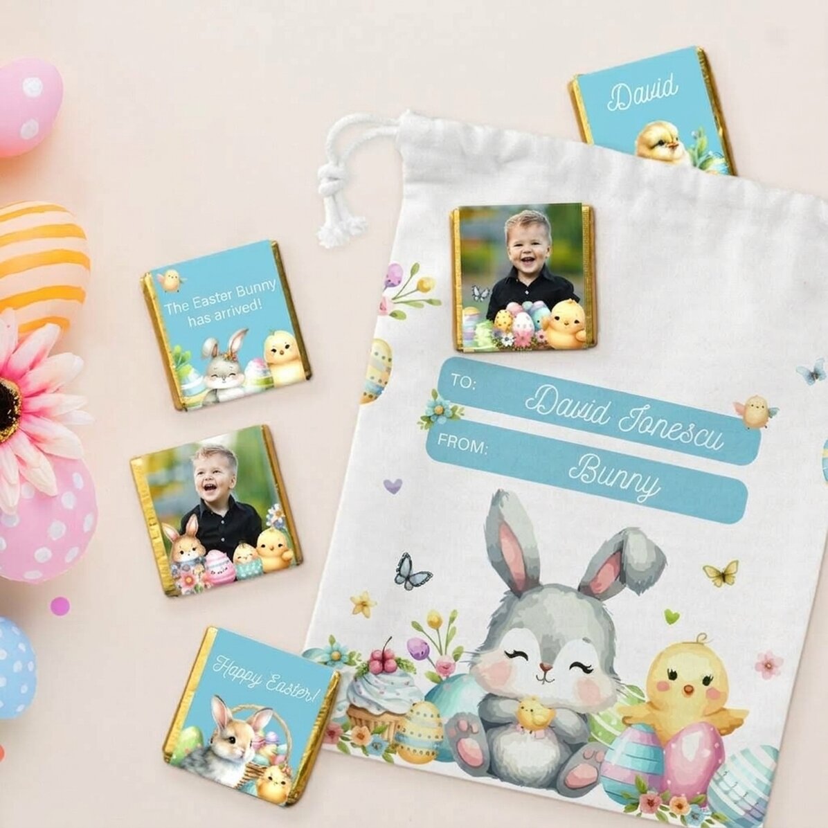 Personalizovaná sada – sáček a 5 mini čokoládek – Od zajíčka
