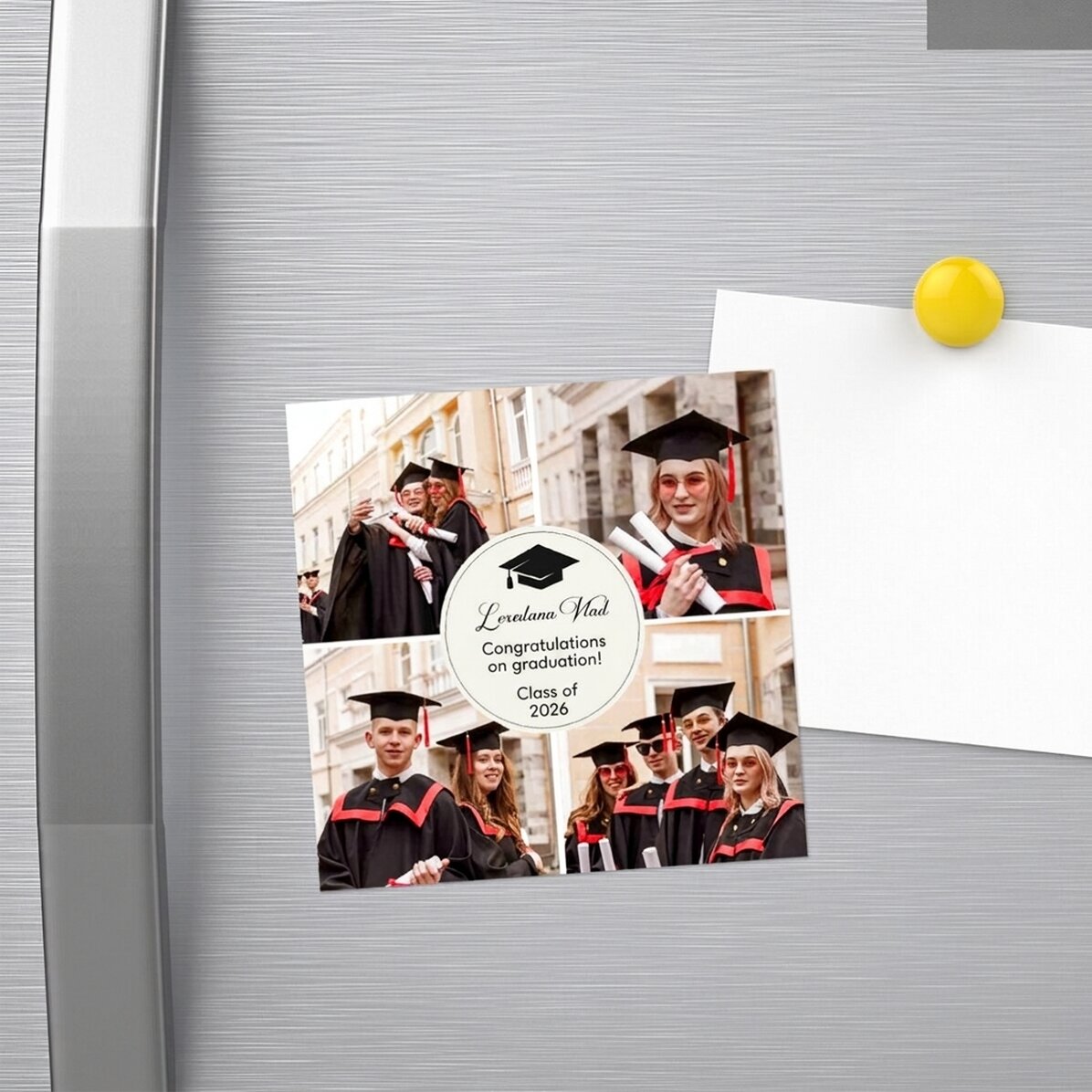 Personalizovaná magnetka 10 × 10 cm se 4 fotografiemi a textem – Promoce