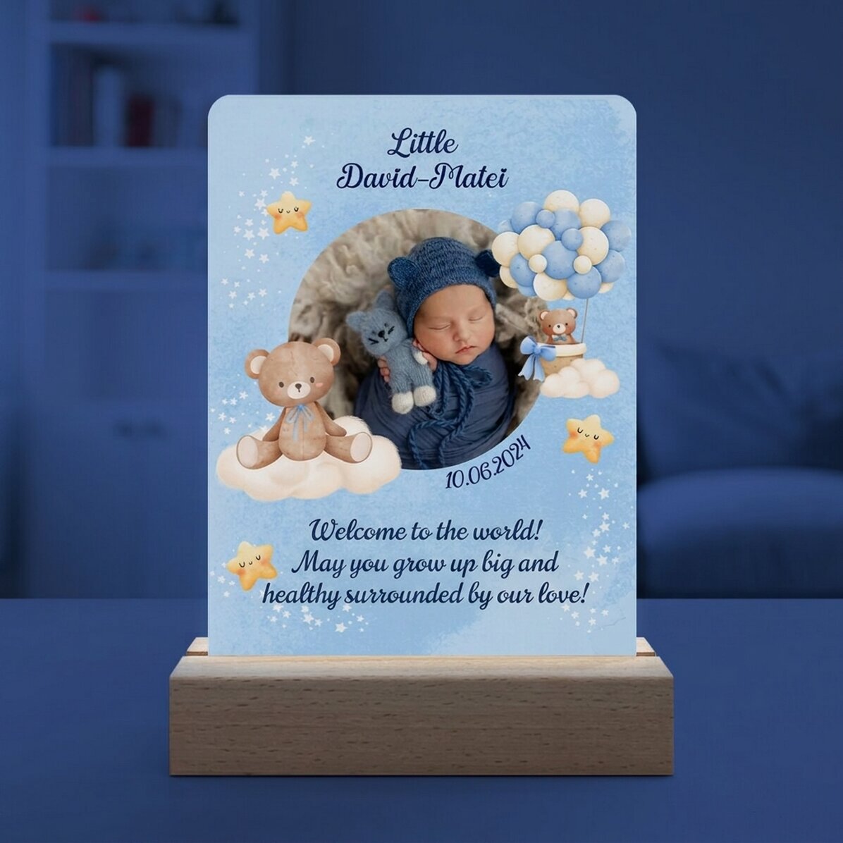 Personalizovaná LED noční lampička s fotografií a textem – Baby Boy