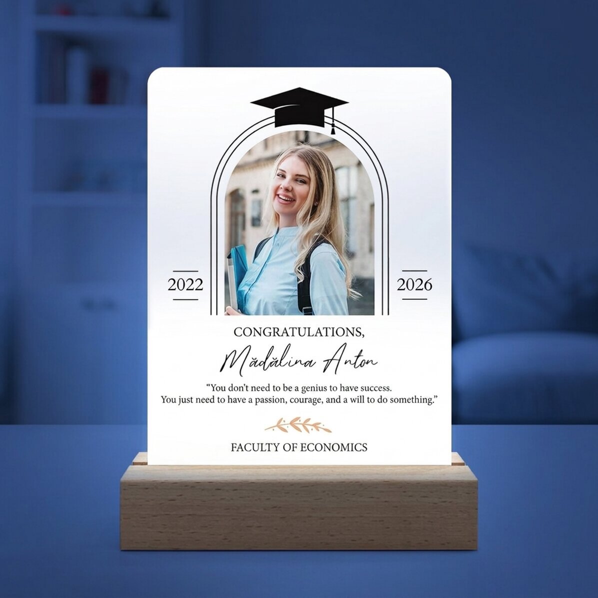 Personalizovaná LED noční lampička s fotografií a vzkazem – Promoce
