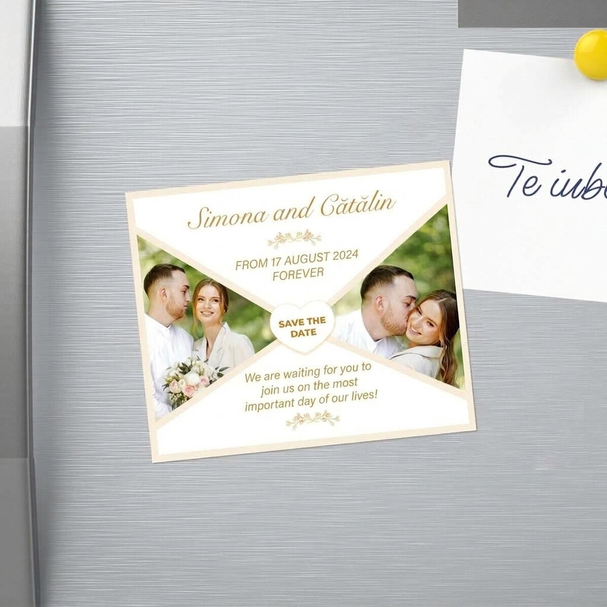 Magnet 12 × 10 cm s 2 fotografiemi a textem – Save the date