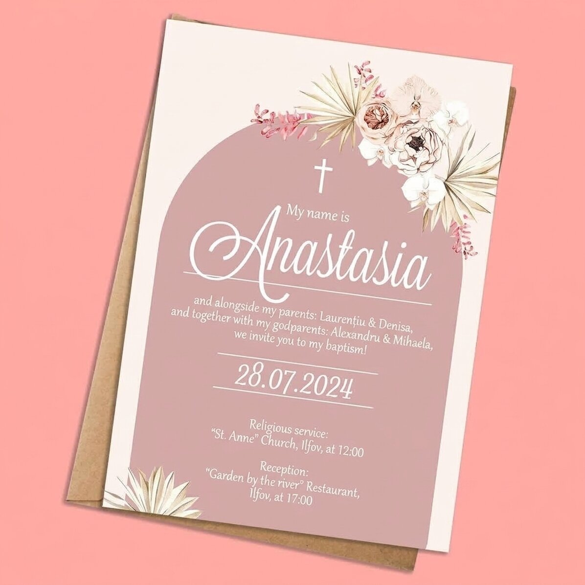 Personalizovaná kartička s textem – Pozvánka na křest – Pink Elegance