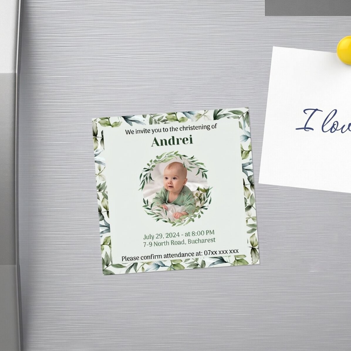 Magnet 10x10 s vlastní fotografií a textem – Pozvánka na křest