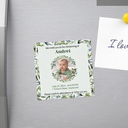 Magnet 10x10 s vlastní fotografií a textem – Pozvánka na křest