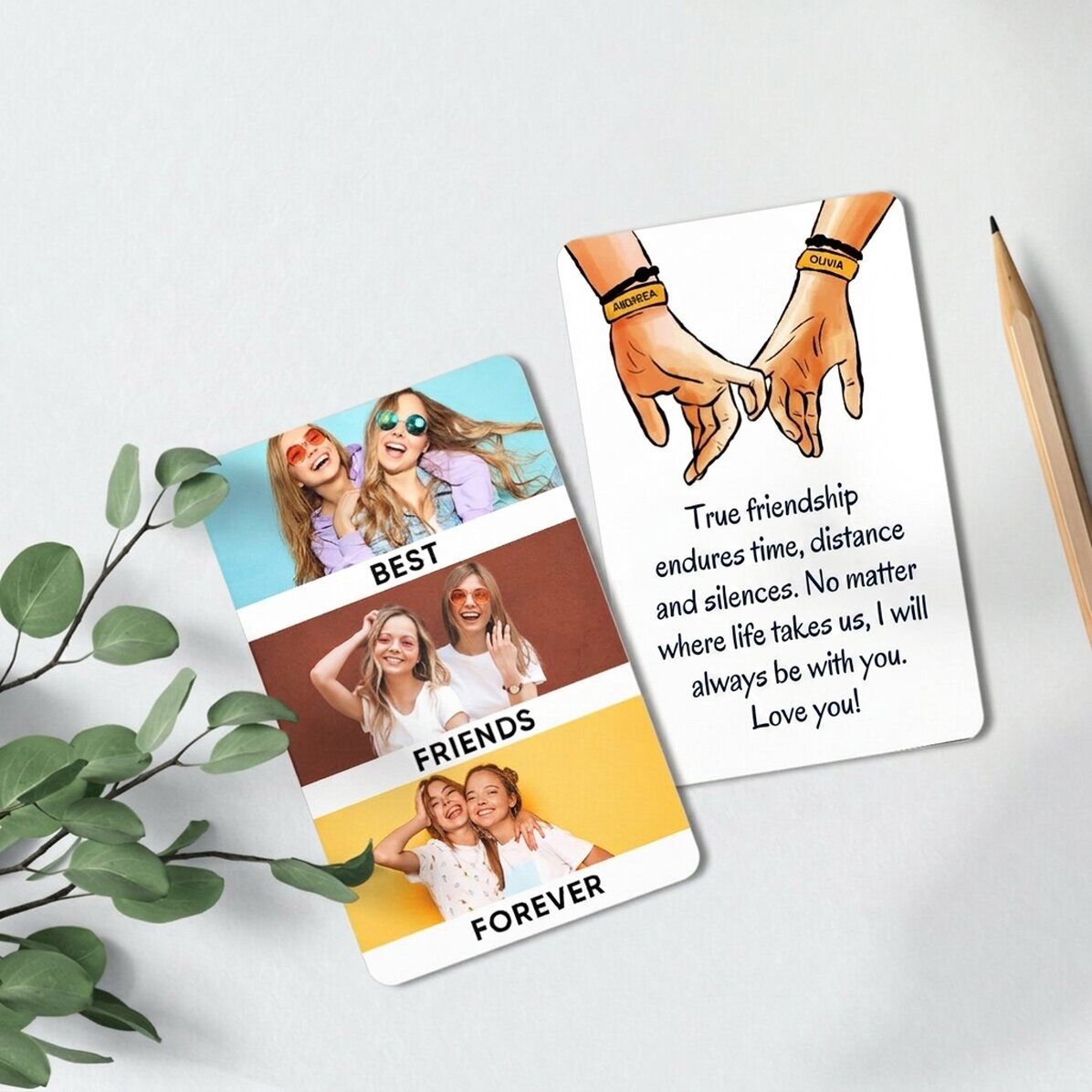 Personalizovaná hliníková karta s potiskem na obou stranách, s vzkazem a 3 fotografiemi – Friends