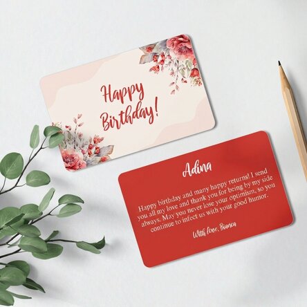 Personalizovaná hliníková kartička s potiskem na obou stranách a vzkazem – Happy Birthday!