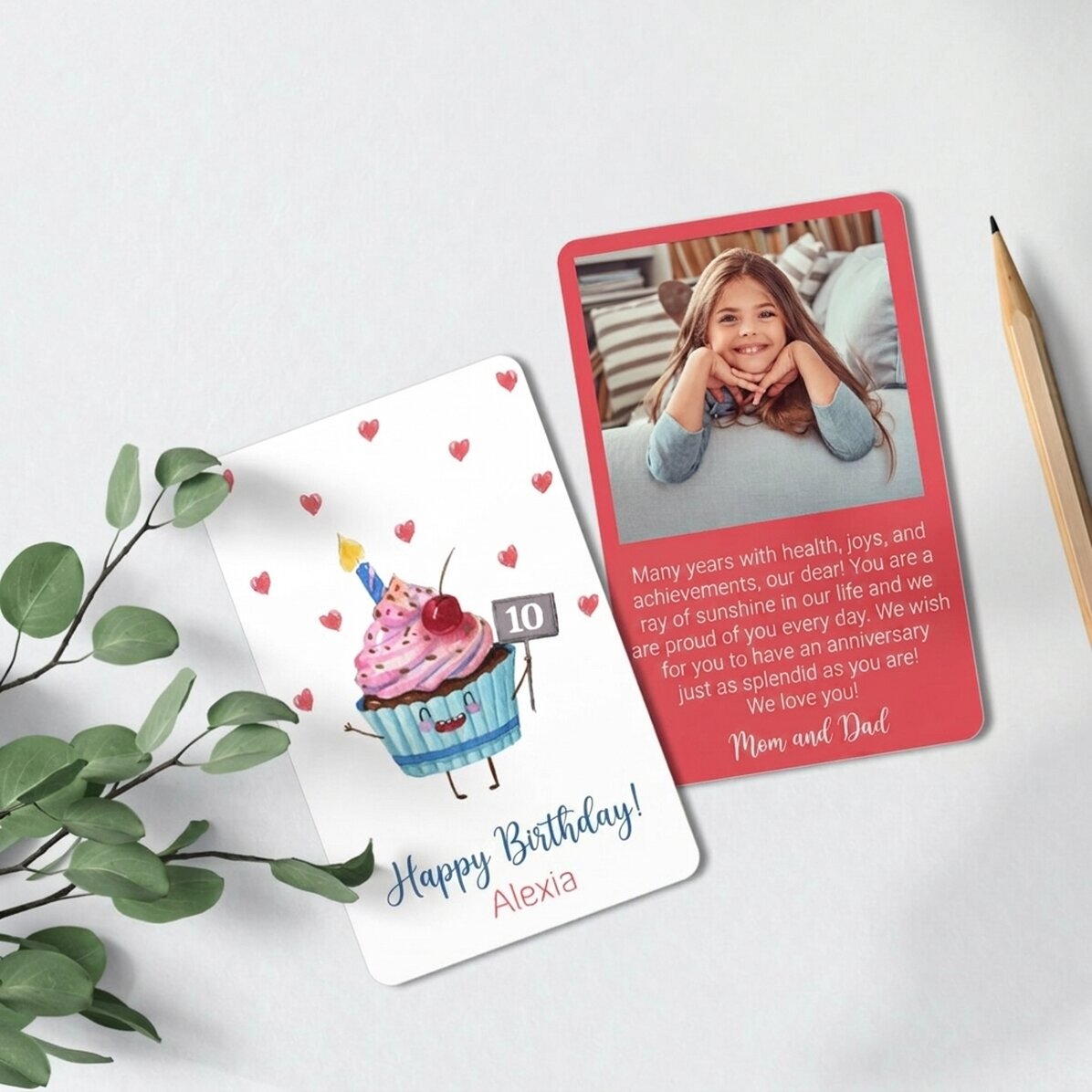 Personalizovaná hliníková karta s potiskem na obou stranách, s vzkazem a fotografií – Cupcake