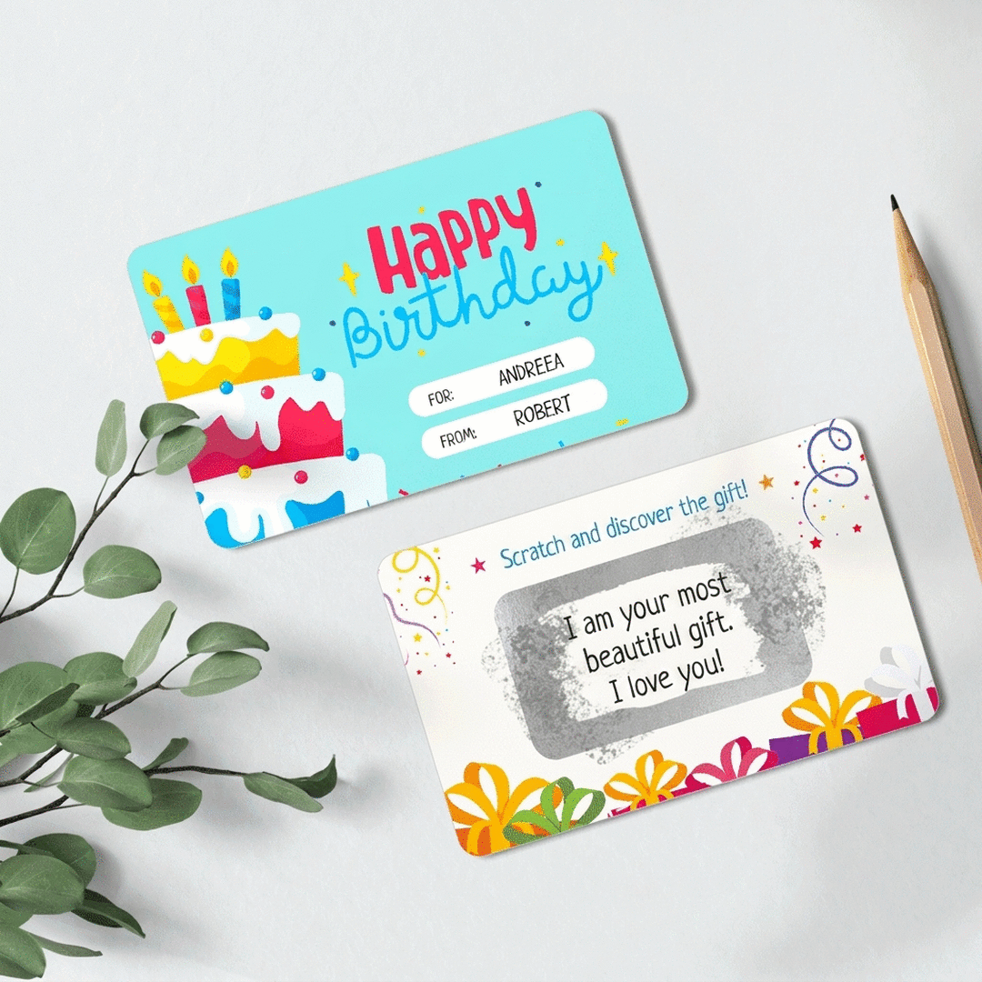 Personalizovaná hliníková škrábací karta s potiskem na obou stranách a vzkazem – Happy Birthday