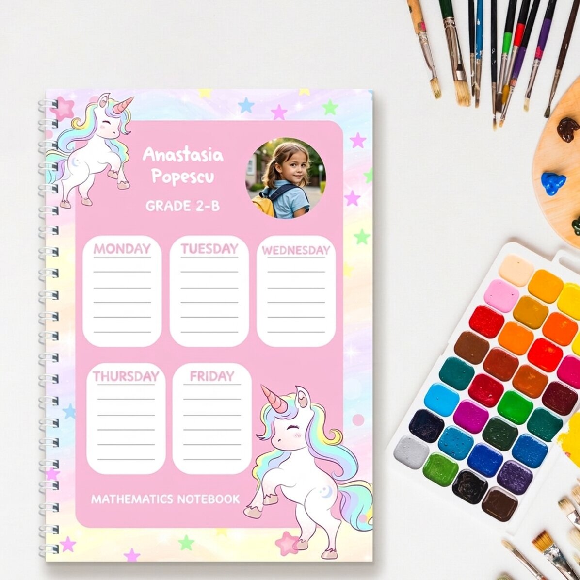 Personalizovaný zápisník s fotografií a textem – Rozvrh Unicorni