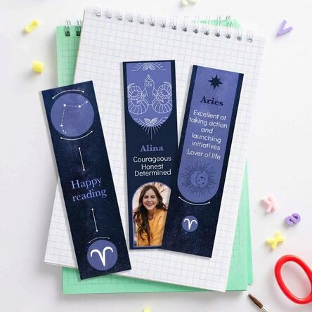 Set of 3 personalised bookmarks with message and photo - Aries Zodiac Sign