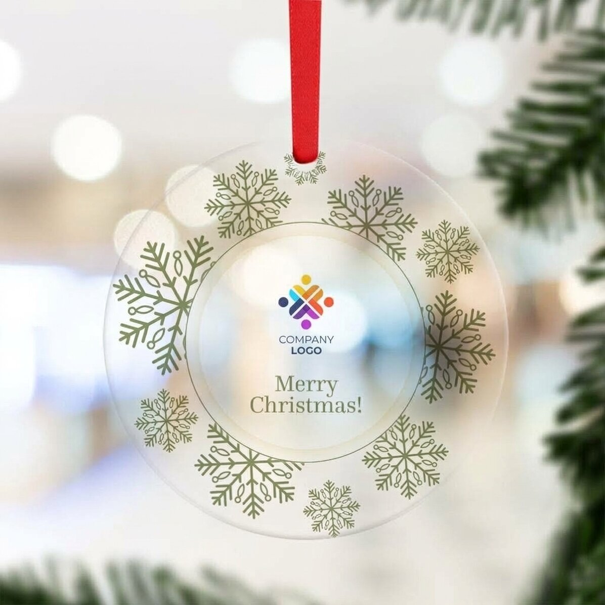 Kulatá ozdoba s vlastním logem a nápisem – Merry Christmas!