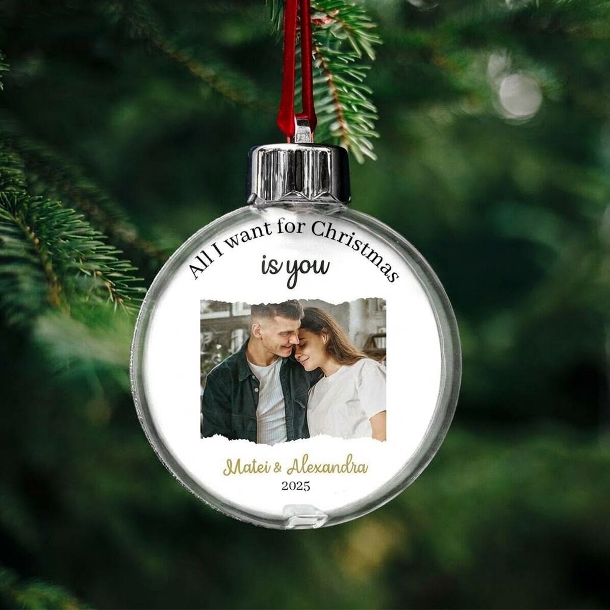 Personalizovaná koule s vzkazem a fotografií – All I want for Christmas