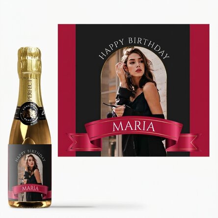 Mini bottle of sparkling wine personalised with a photo and text - Ribbon