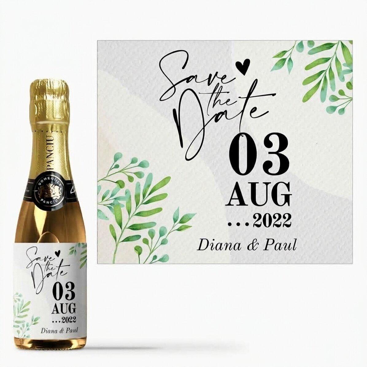 Malá lahvička šumivého vína s vlastním nápisem – „Save the date“