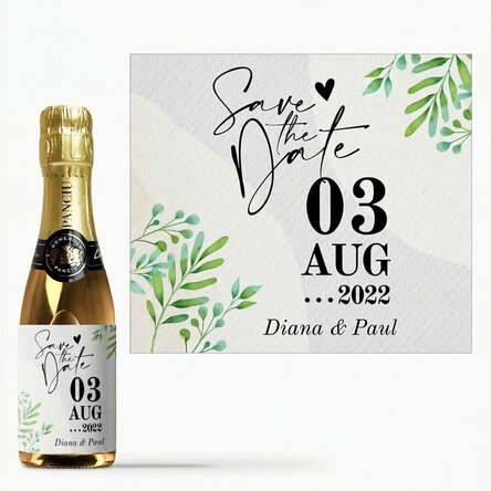 Malá lahvička šumivého vína s vlastním nápisem – „Save the date“