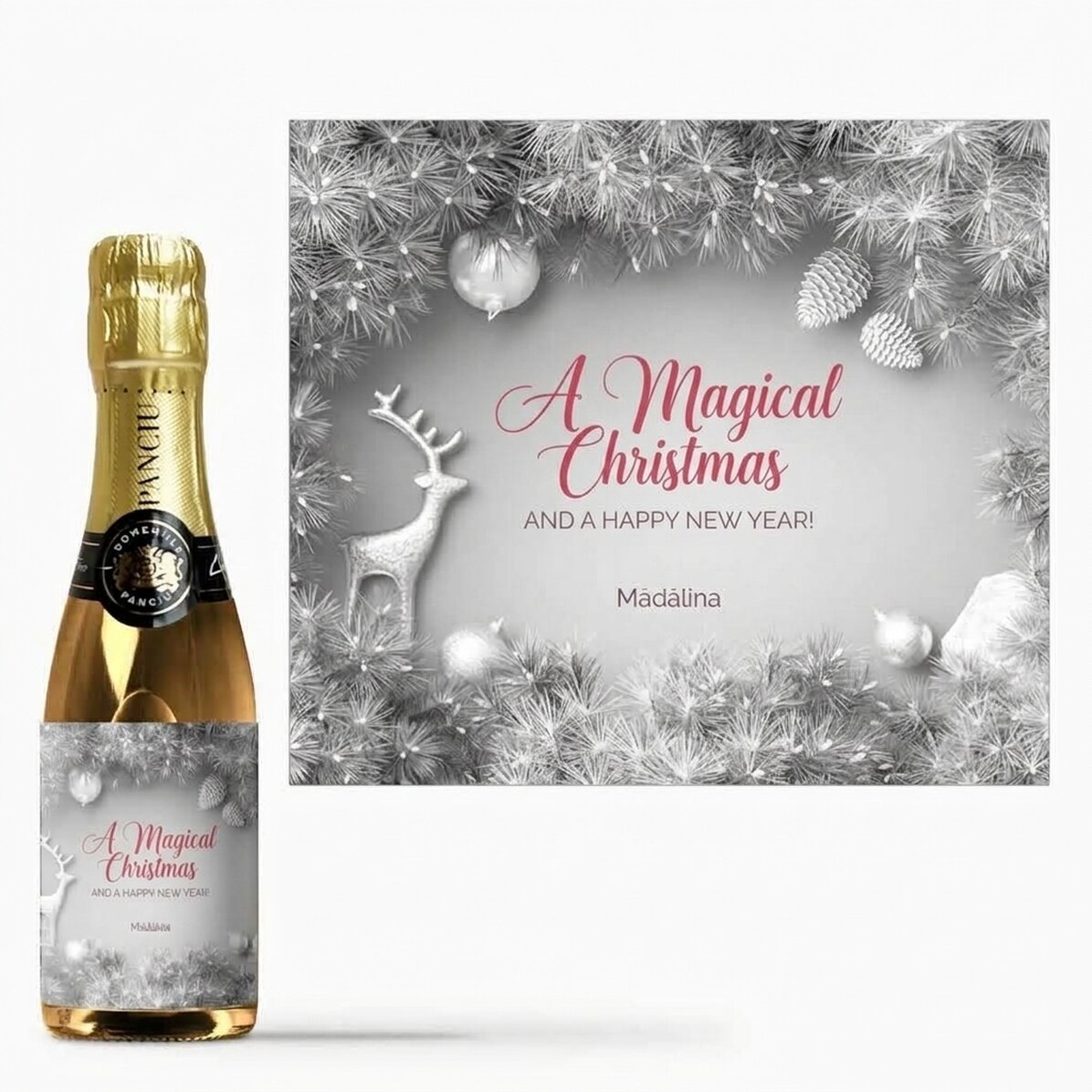 Mini láhev šumivého vína s vlastním textem – Silver Christmas