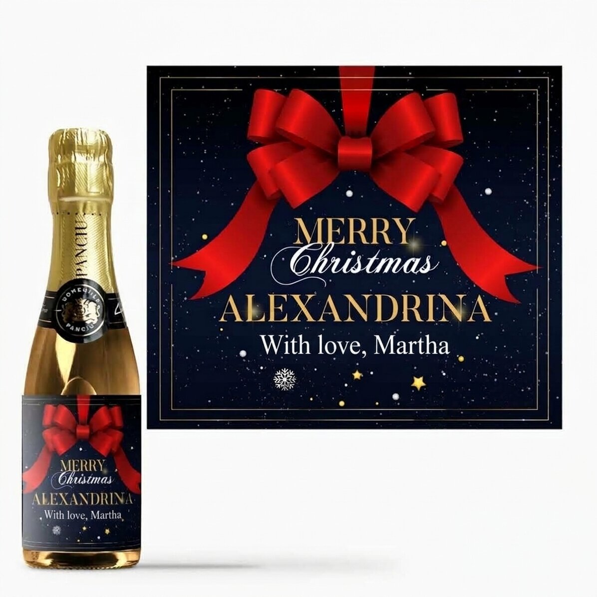 Malá lahvička šumivého vína s vlastním nápisem – Glamorous Christmas