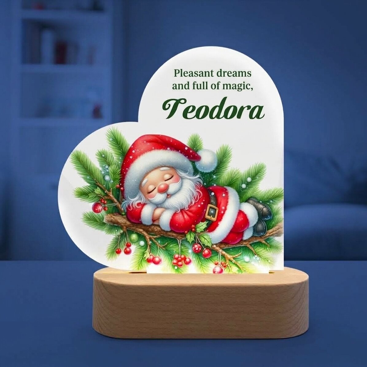Personalizovaná LED noční lampička ve tvaru srdce s vzkazem pro děti – Santa Claus