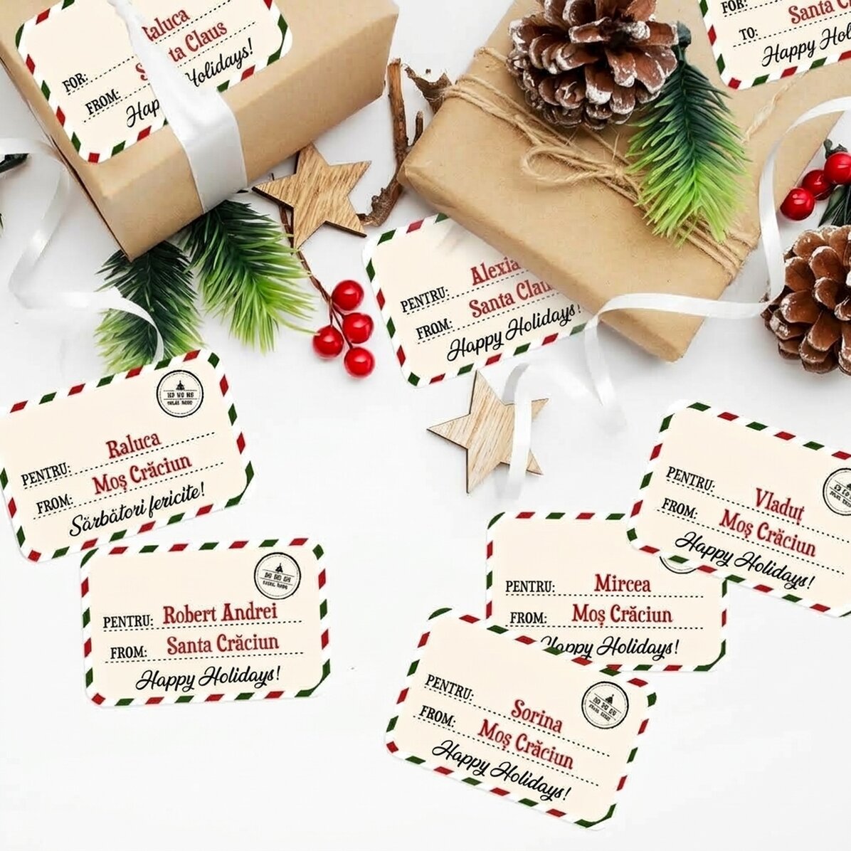 Sada 8 samolepek (samolepicích štítků) s vlastním textem – S láskou, Santa Claus