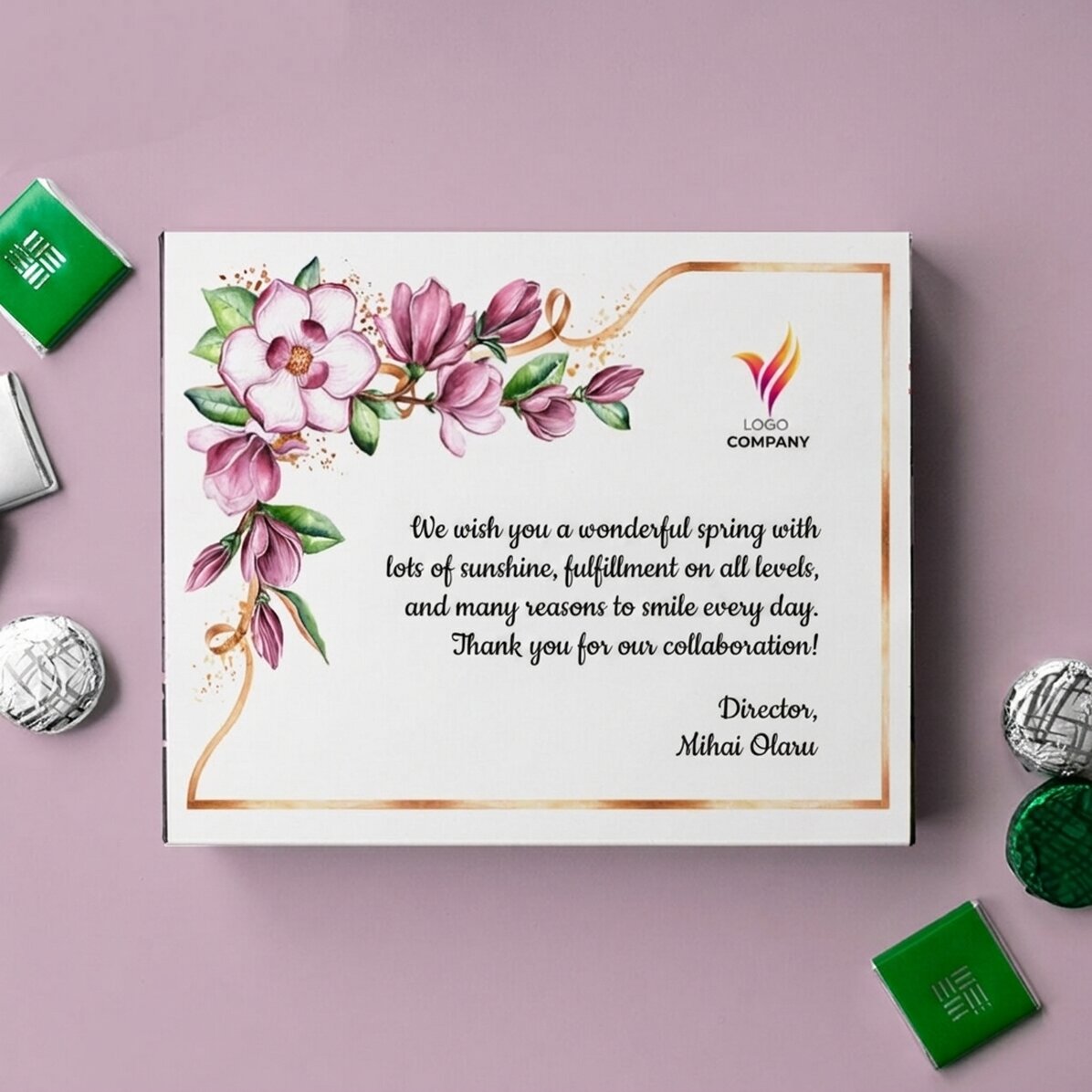 Krabička bonbónů s vlastním logem a vzkazem – Floral