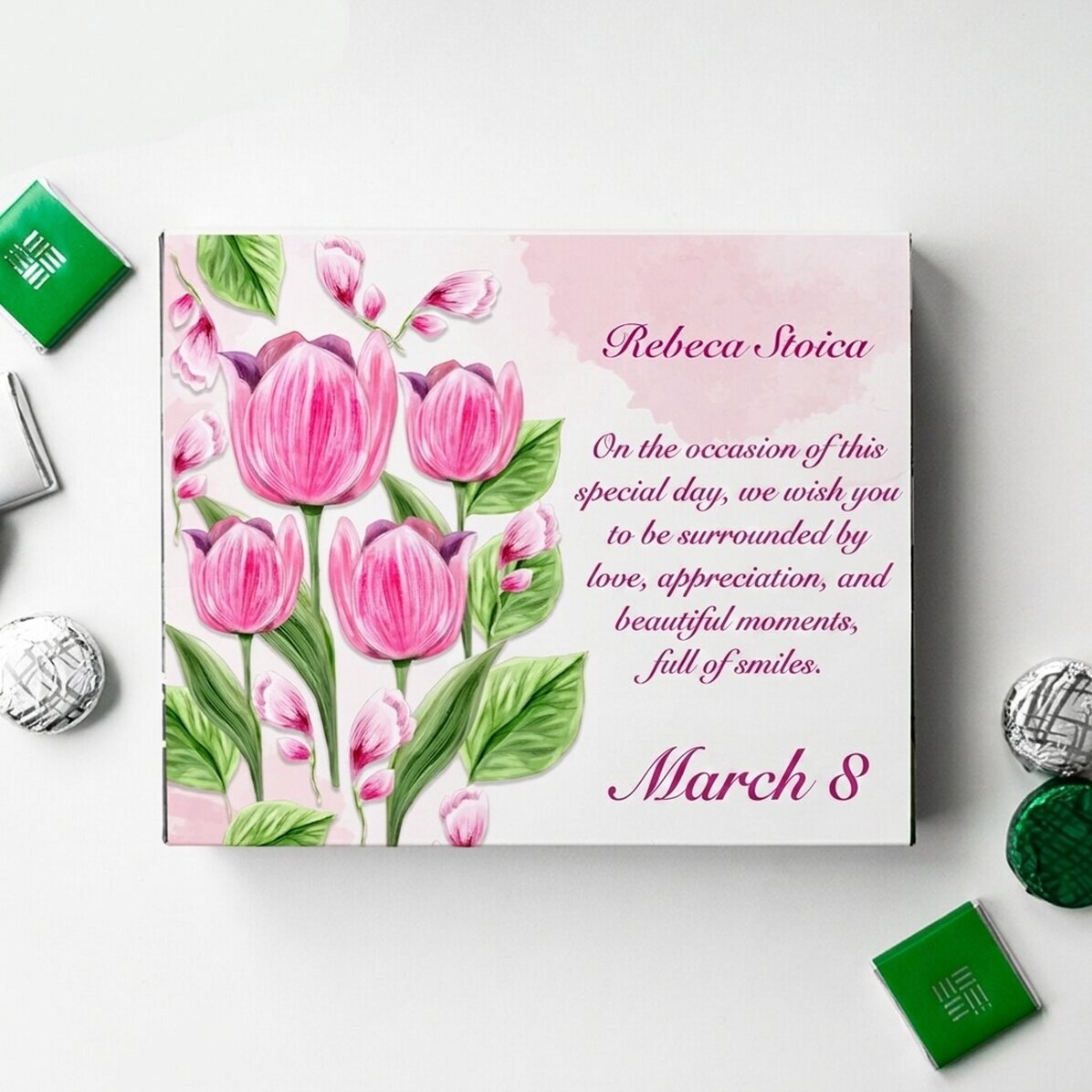 Krabička bonbónů s vlastním textem – Tulipány
